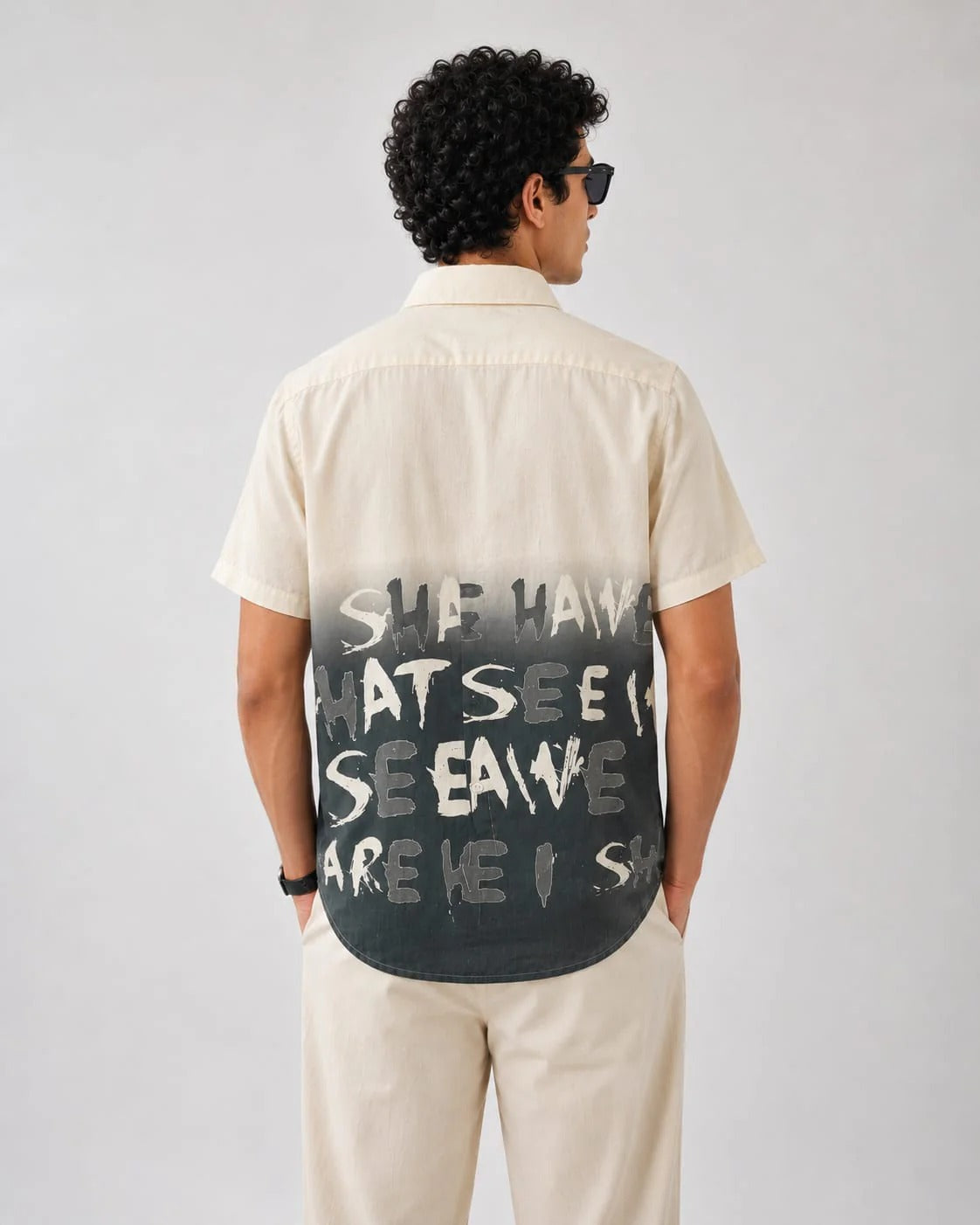 Zoystyle Men's Cream Black Ombre Graffiti Typography Printed Half Sleeve Shirt | Premium Casual Button-Down Shirt