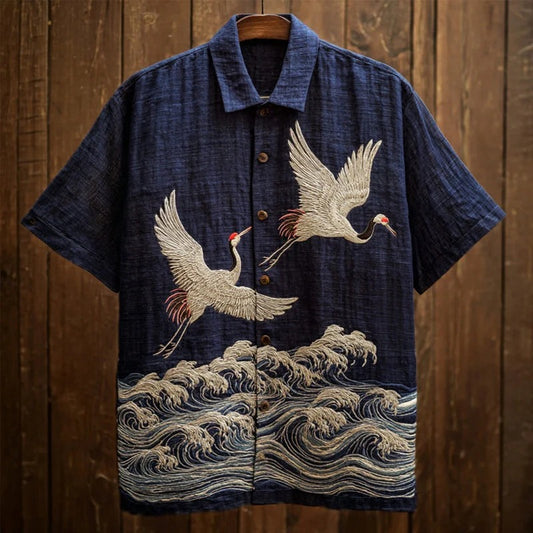 Zoystyle Japanese Crane Embroidered Wave Premium Casual Shirt