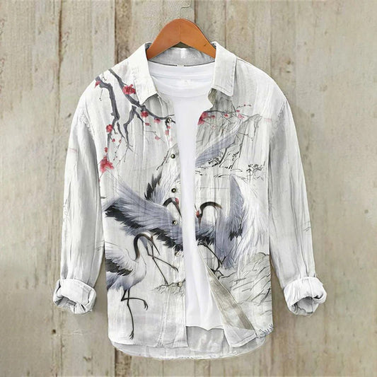 Zoystyle Japanese Crane Ink Art Cotton Linen Long Sleeve Shirt
