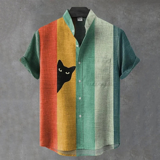 Zoystyle Vintage Color Block Cat Print Mandarin Collar Shirt