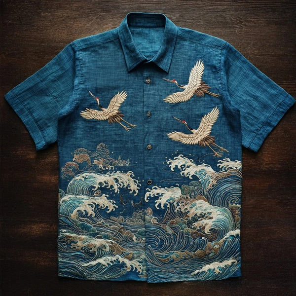 Zoystyle Japanese Crane & Ocean Wave Premium Casual Shirt