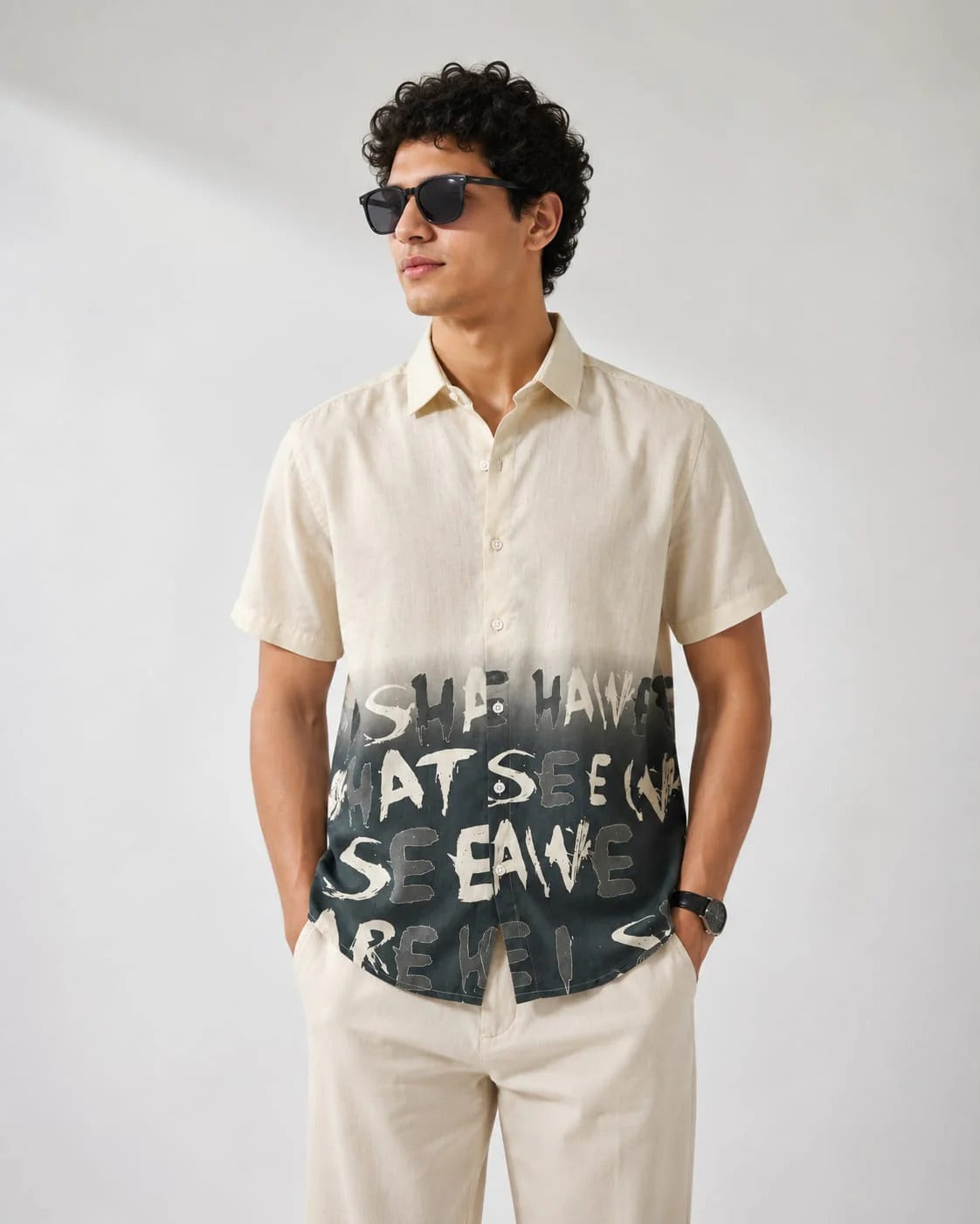 Zoystyle Men's Cream Black Ombre Graffiti Typography Printed Half Sleeve Shirt | Premium Casual Button-Down Shirt