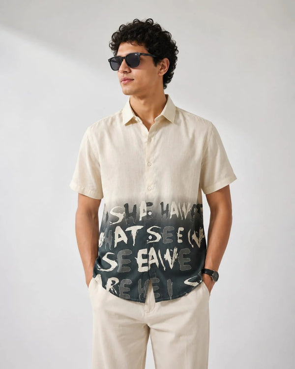 Zoystyle Men's Cream Black Ombre Graffiti Typography Printed Half Sleeve Shirt | Premium Casual Button-Down Shirt