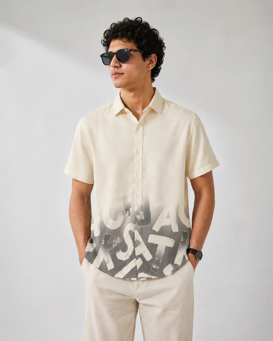 Zoystyle Men's Cream Grey Ombre Typography Printed Half Sleeve Shirt | Premium Abstract Casual Button-Down Shirt