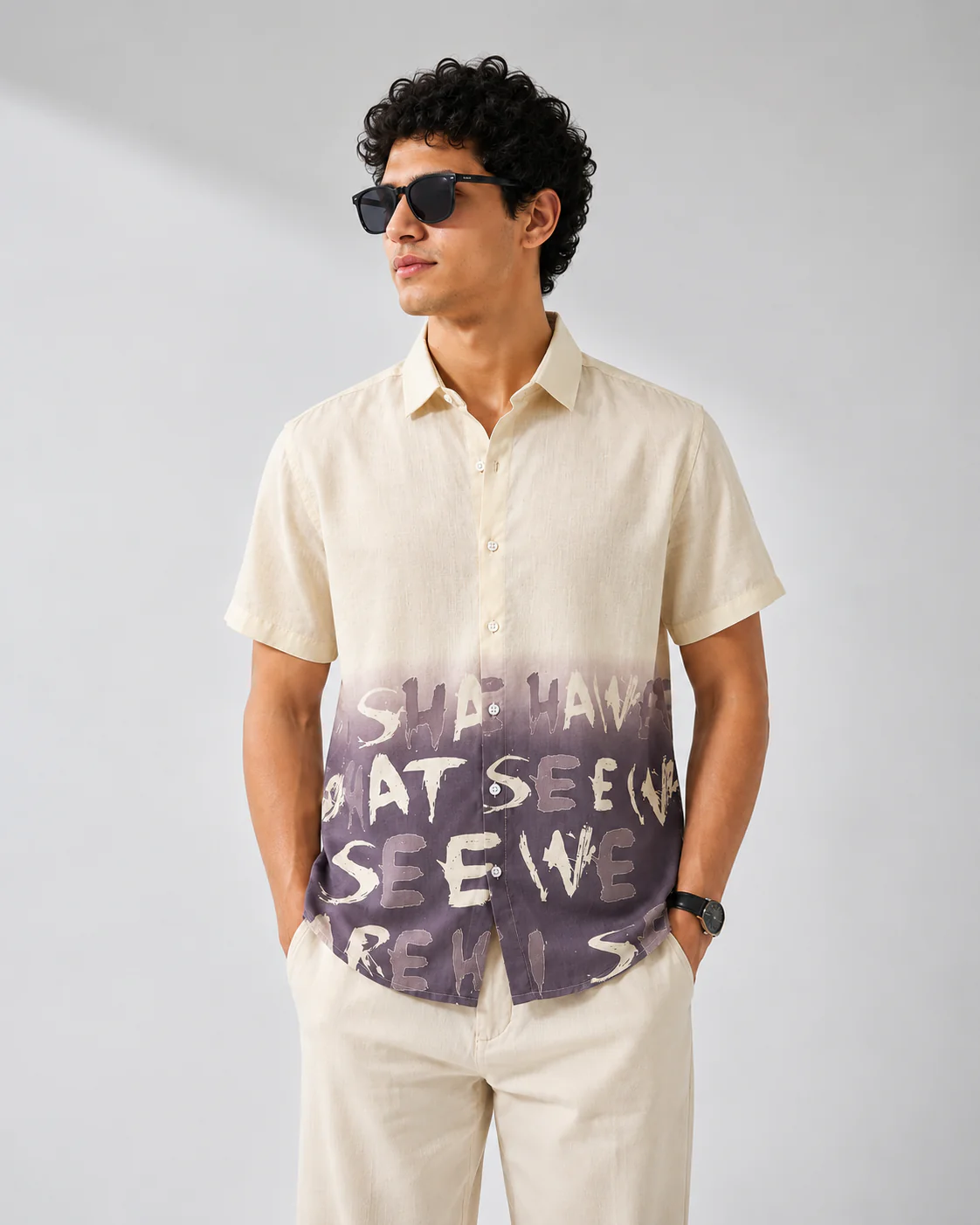 Zoystyle Men's Cream Purple Ombre Graffiti Typography Printed Half Sleeve Shirt | Premium Casual Button-Down Shirt