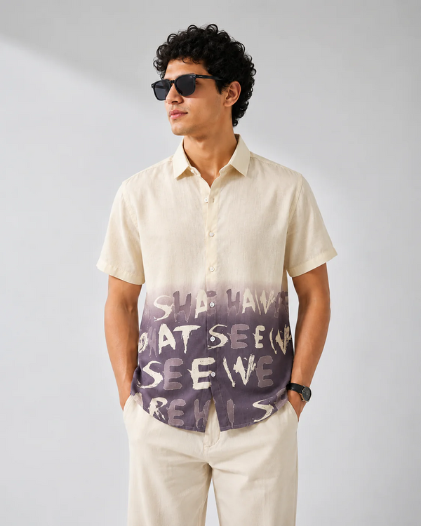 Zoystyle Men's Cream Purple Ombre Graffiti Typography Printed Half Sleeve Shirt | Premium Casual Button-Down Shirt