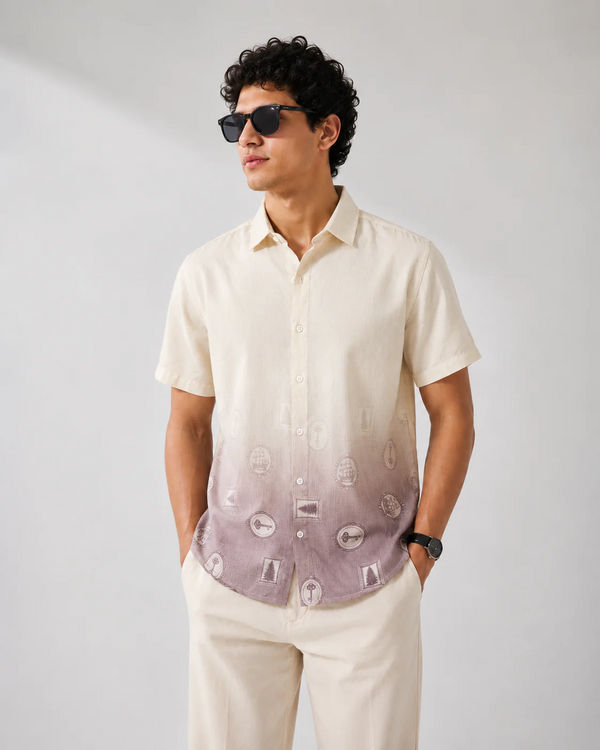 Zoystyle Men's Beige Ombre Printed Half Sleeve Shirt | Premium Gradient Casual Button-Down Shirt