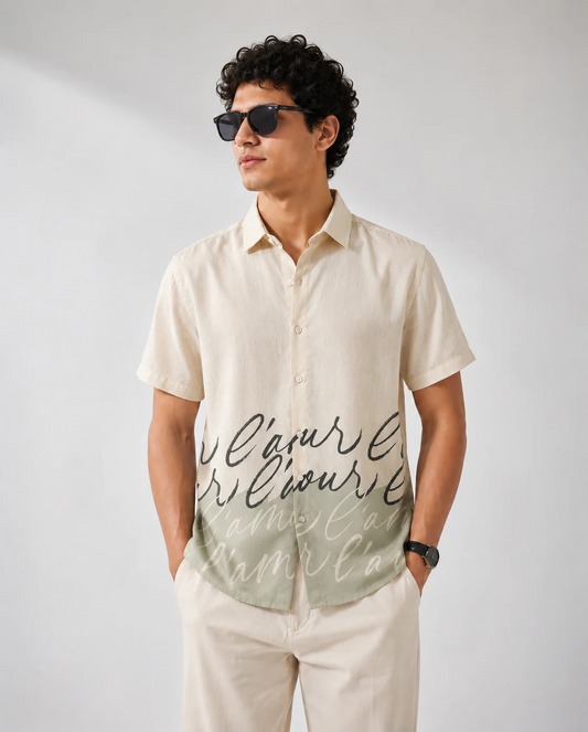 Zoystyle Men's Cream Sage Green Script Typography Printed Half Sleeve Shirt | Premium Casual Button-Down Shirt