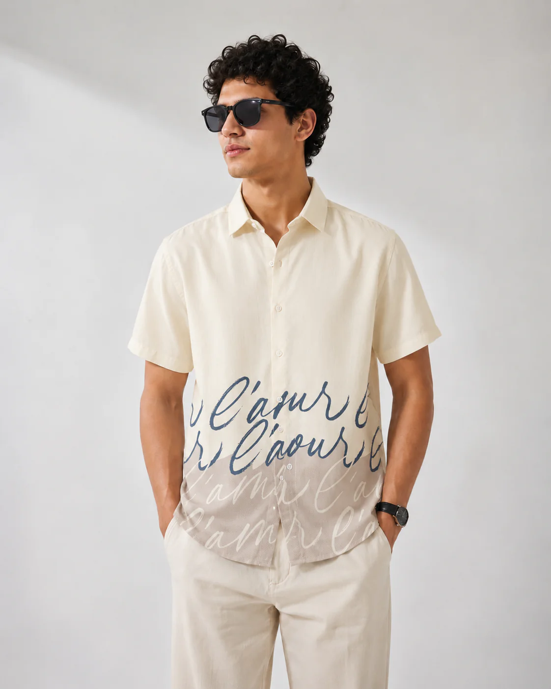 Zoystyle Men's Cream Beige Script Typography Printed Half Sleeve Shirt | Premium Casual Button-Down Shirt