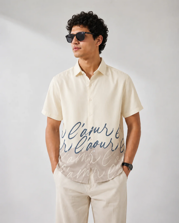 Zoystyle Men's Cream Beige Script Typography Printed Half Sleeve Shirt | Premium Casual Button-Down Shirt