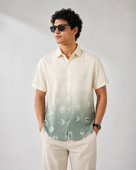 Zoystyle Men's Sage Green Ombre Printed Half Sleeve Shirt | Premium Gradient Casual Button-Down Shirt