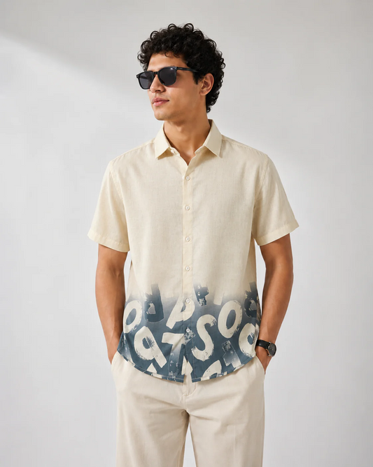 Zoystyle Men's Cream Navy Ombre Typography Printed Half Sleeve Shirt | Premium Abstract Casual Button-Down Shirt