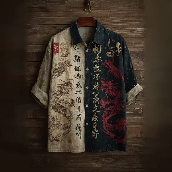 Zoystyle Japanese Dragon Calligraphy Premium Cotton Linen Casual Shirt