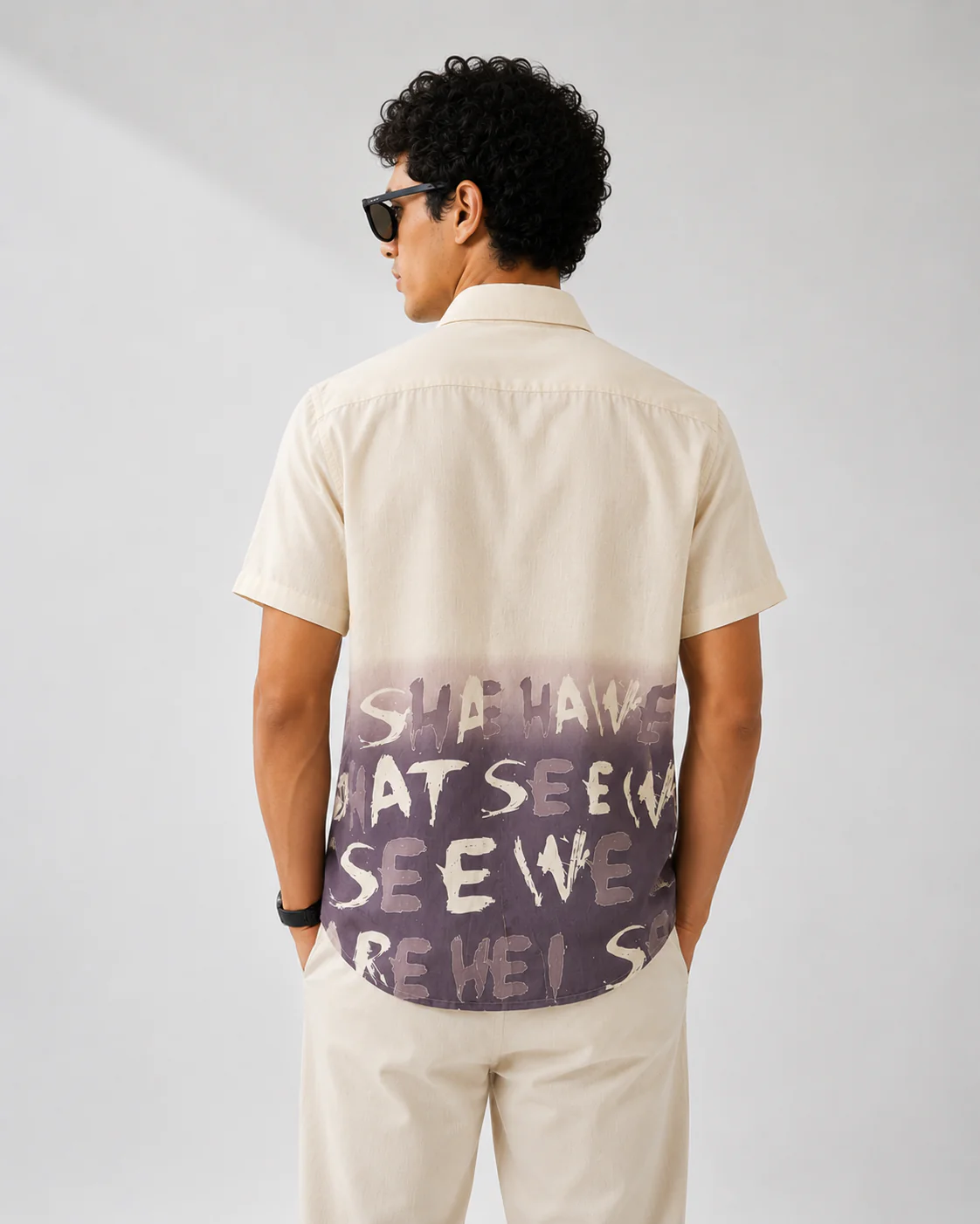 Zoystyle Men's Cream Purple Ombre Graffiti Typography Printed Half Sleeve Shirt | Premium Casual Button-Down Shirt