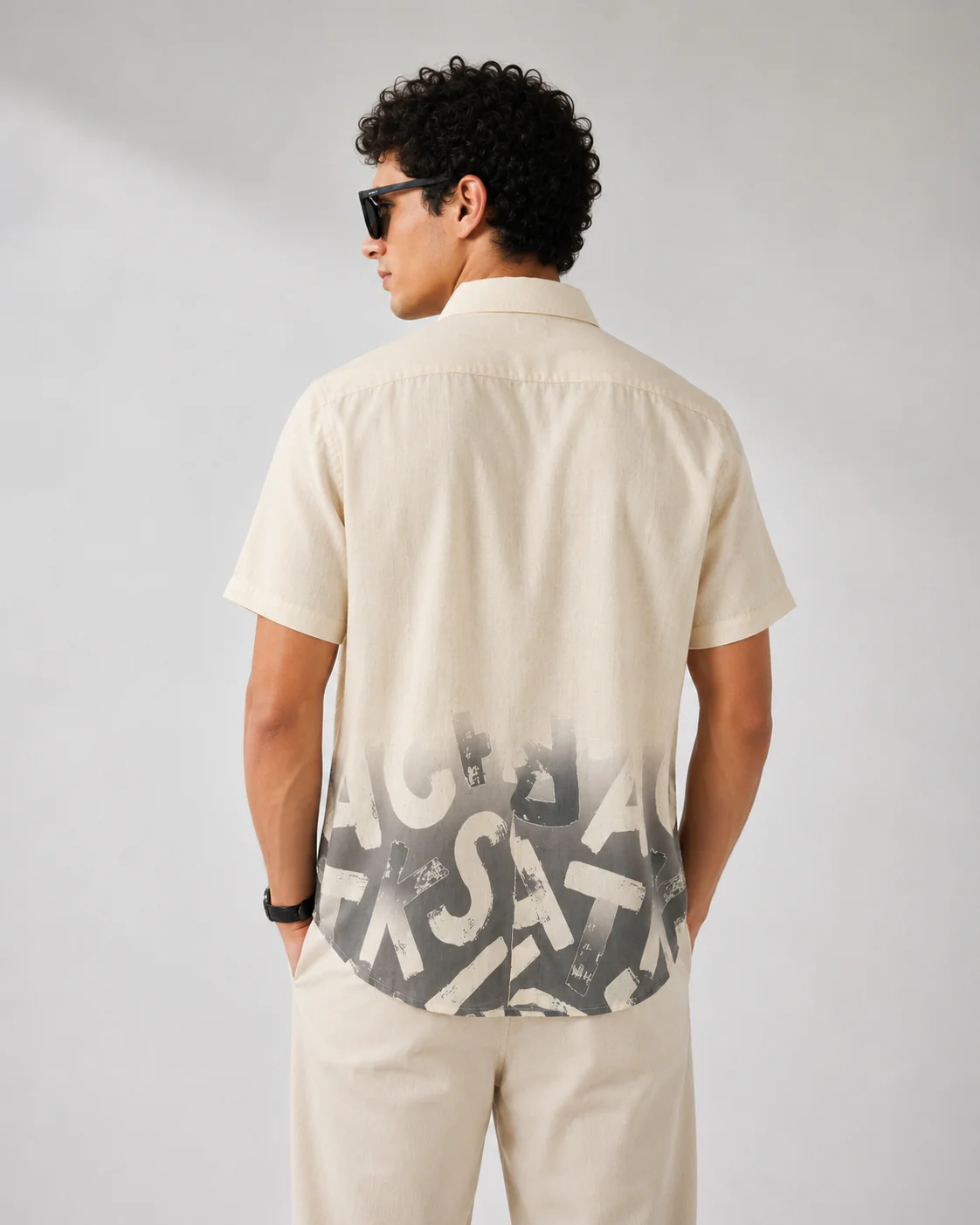 Zoystyle Men's Cream Grey Ombre Typography Printed Half Sleeve Shirt | Premium Abstract Casual Button-Down Shirt