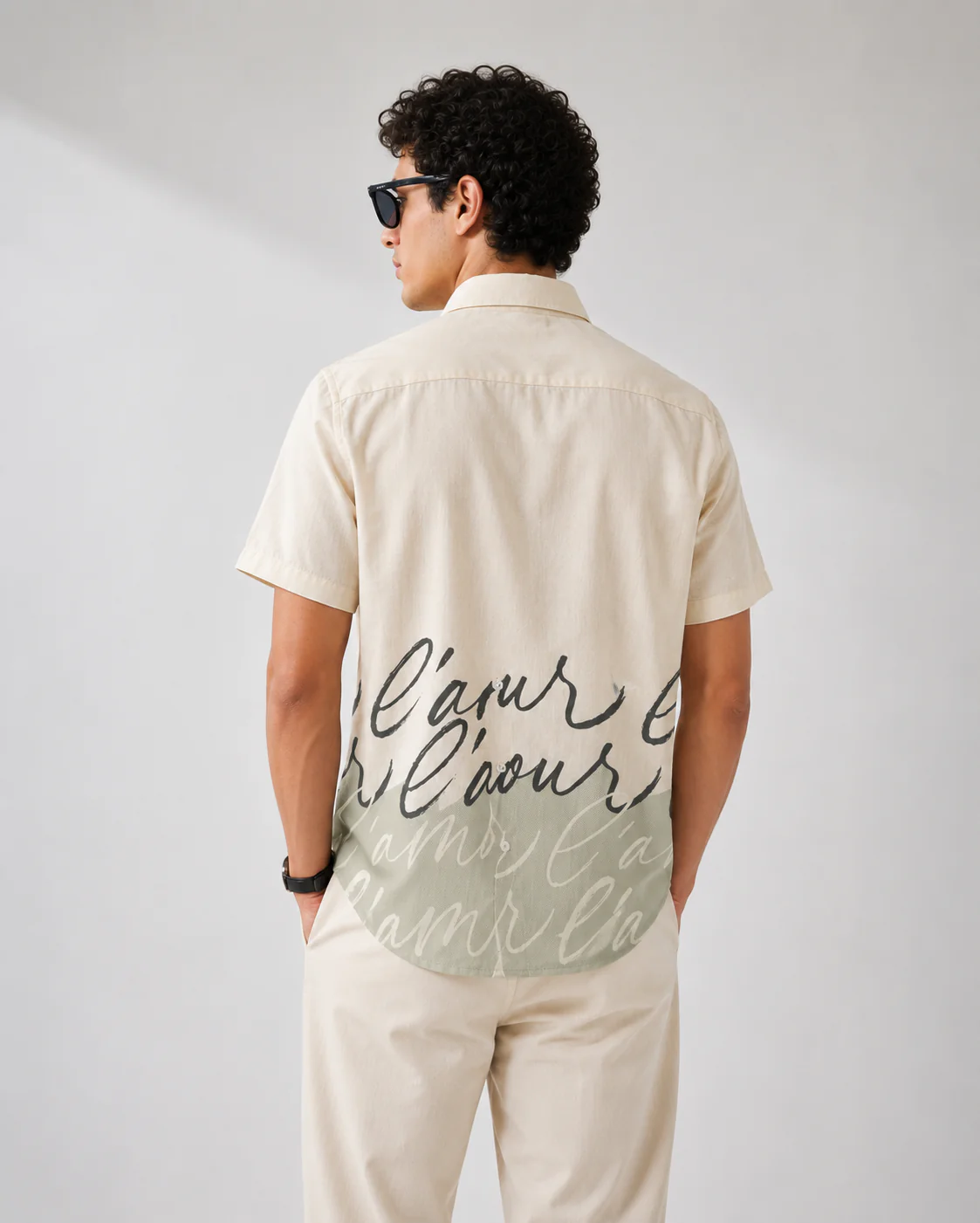 Zoystyle Men's Cream Sage Green Script Typography Printed Half Sleeve Shirt | Premium Casual Button-Down Shirt