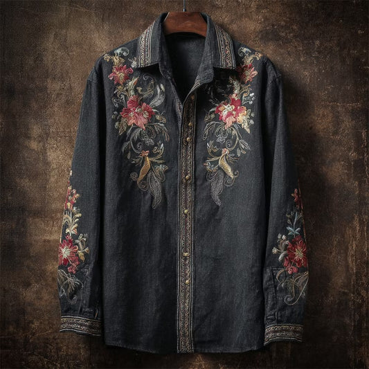 Zoystyle Premium Floral Embroidered Cotton Linen Long Sleeve Shirt
