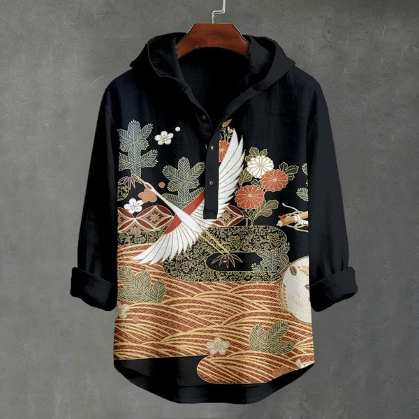 Zoystyle Japanese Crane Art Hooded Linen Long Sleeve Shirt