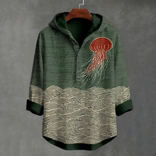 Zoystyle Japanese Jellyfish Wave Hooded Cotton Linen Long Sleeve Shirt